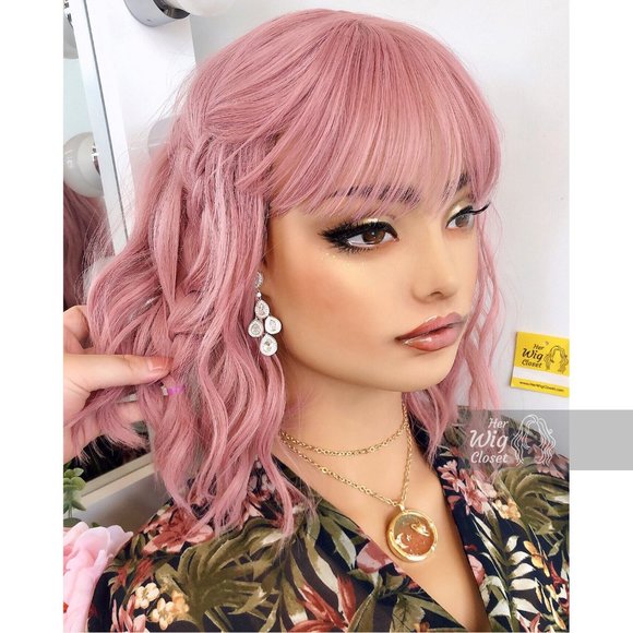 Her Wig Closet Accessories - 12" Dusty Rose Wavy Bob Wig with Bangs | Katy